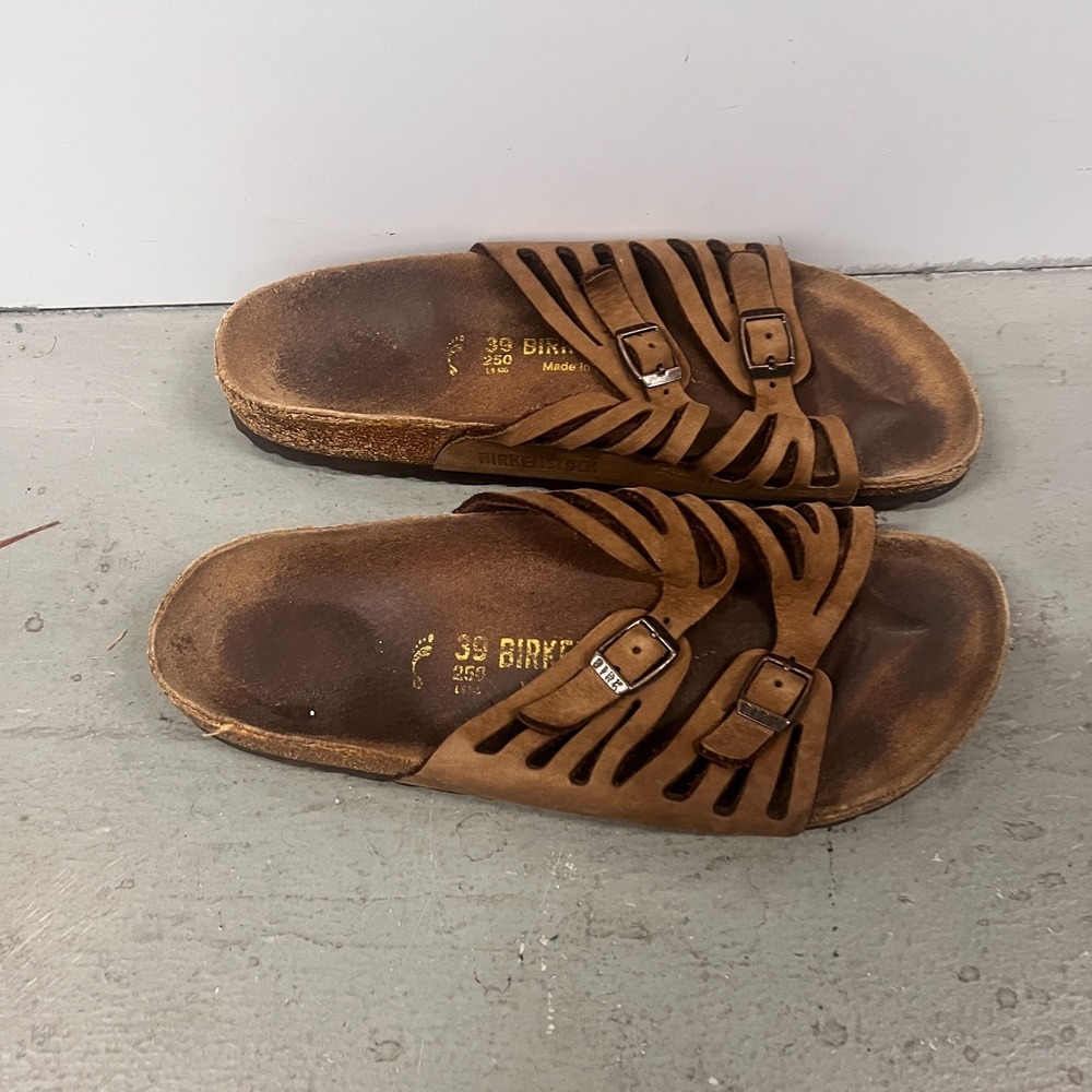 Birkenstock Granada Sandals Unisex M6/W8 Brown Leather Open Toe Slip On Slide - Picture 2 of 8